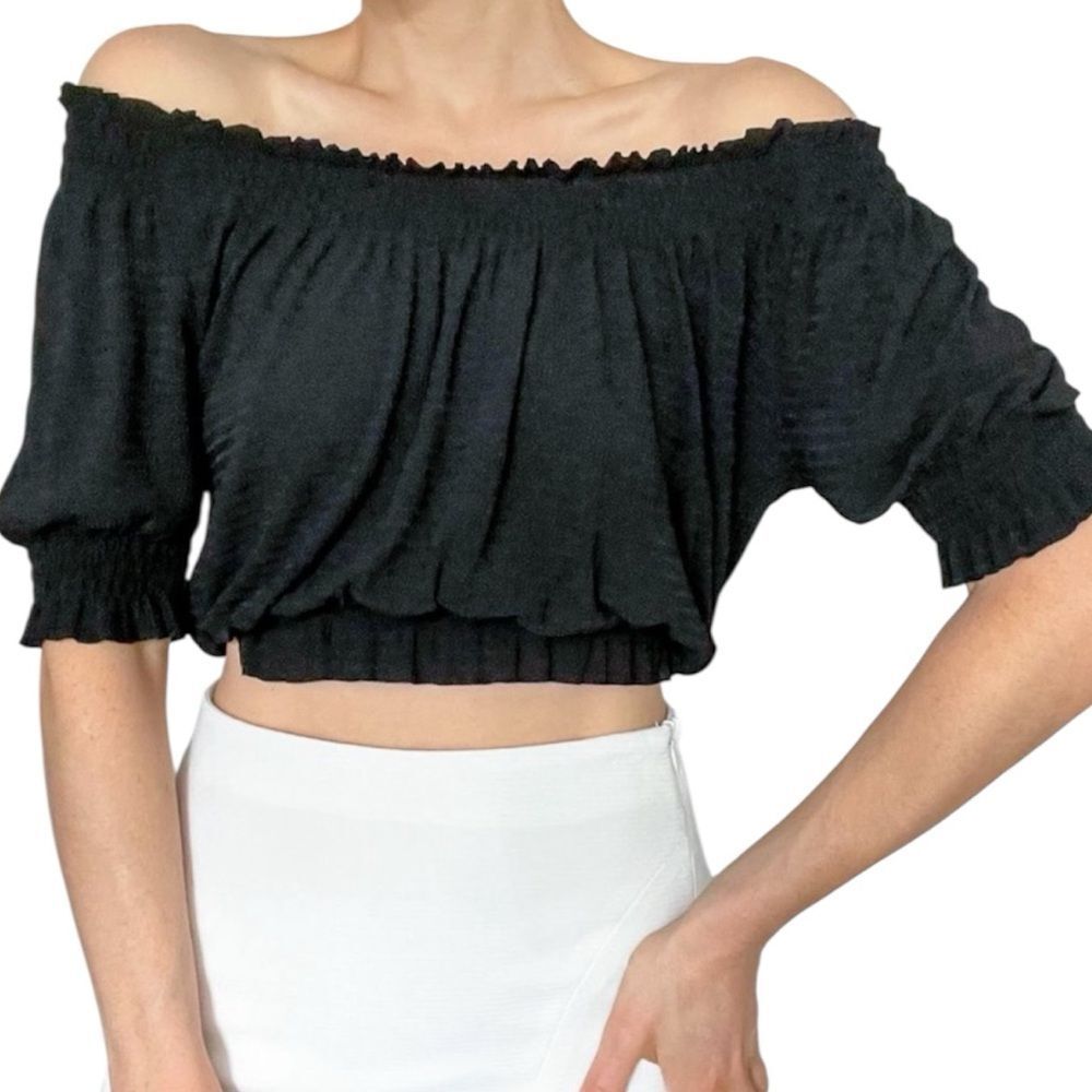 Zara Black Textured Off The Shoulder Top Large
